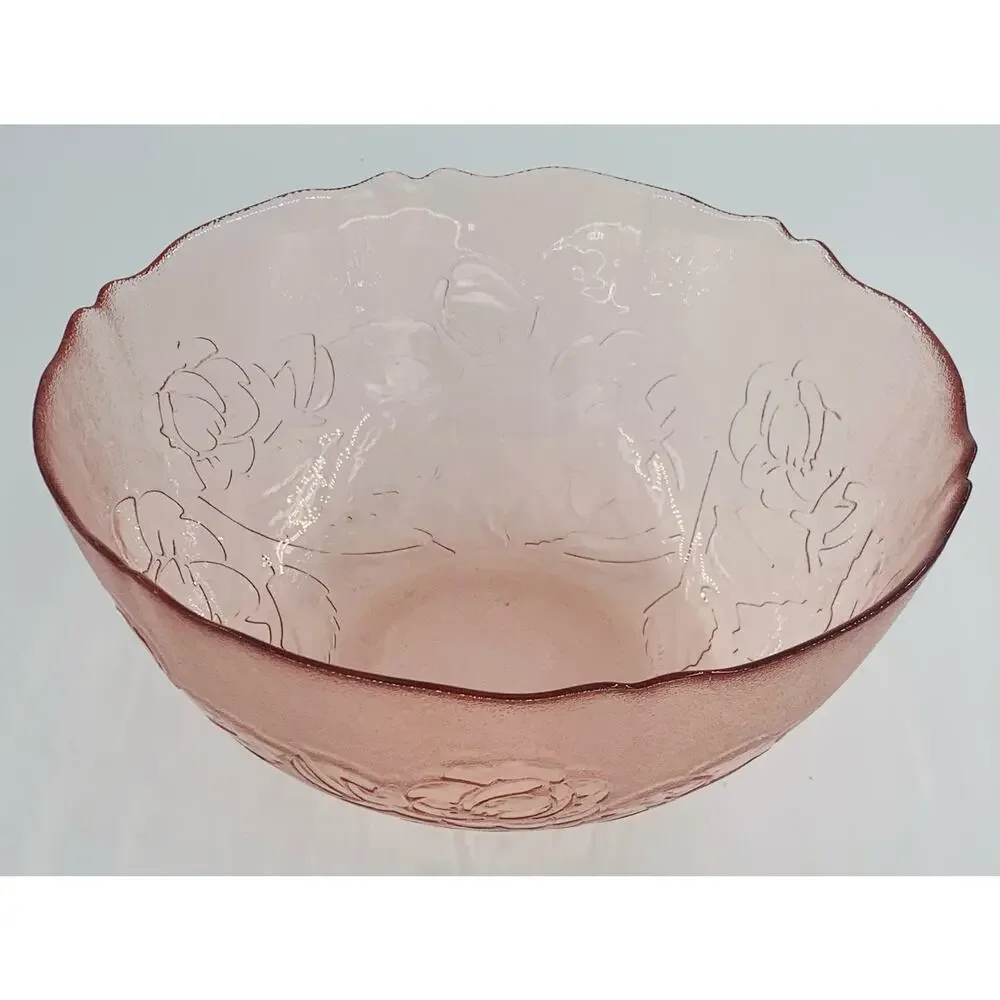 Arcoroc France Glass Bowl Pink Rosaline Pattern 9 Inch Large Serving Rosa Frost